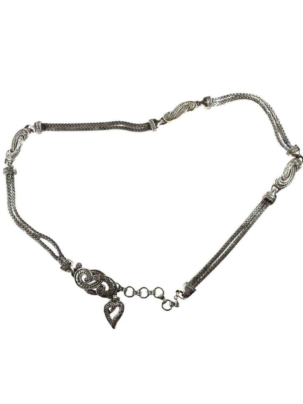 Brighton Silver-Tone Adjustable Chain Belt Heart Charm Scroll 16-18 Inches